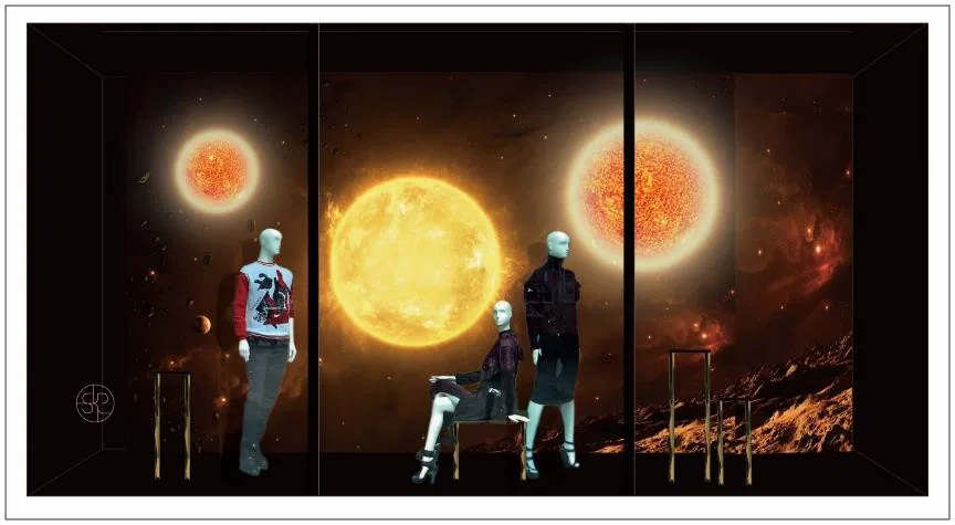 星球主题橱窗方案效果图，含分区与产品展台